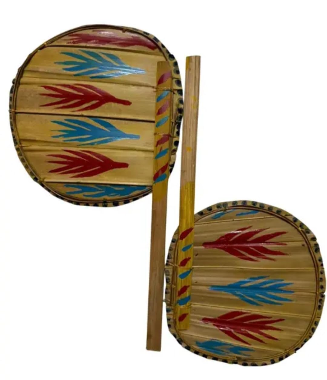 Handcrafted Round Hand Fan, Set of 2, Multicolor Painted Tribal Design, Bamboo Handle