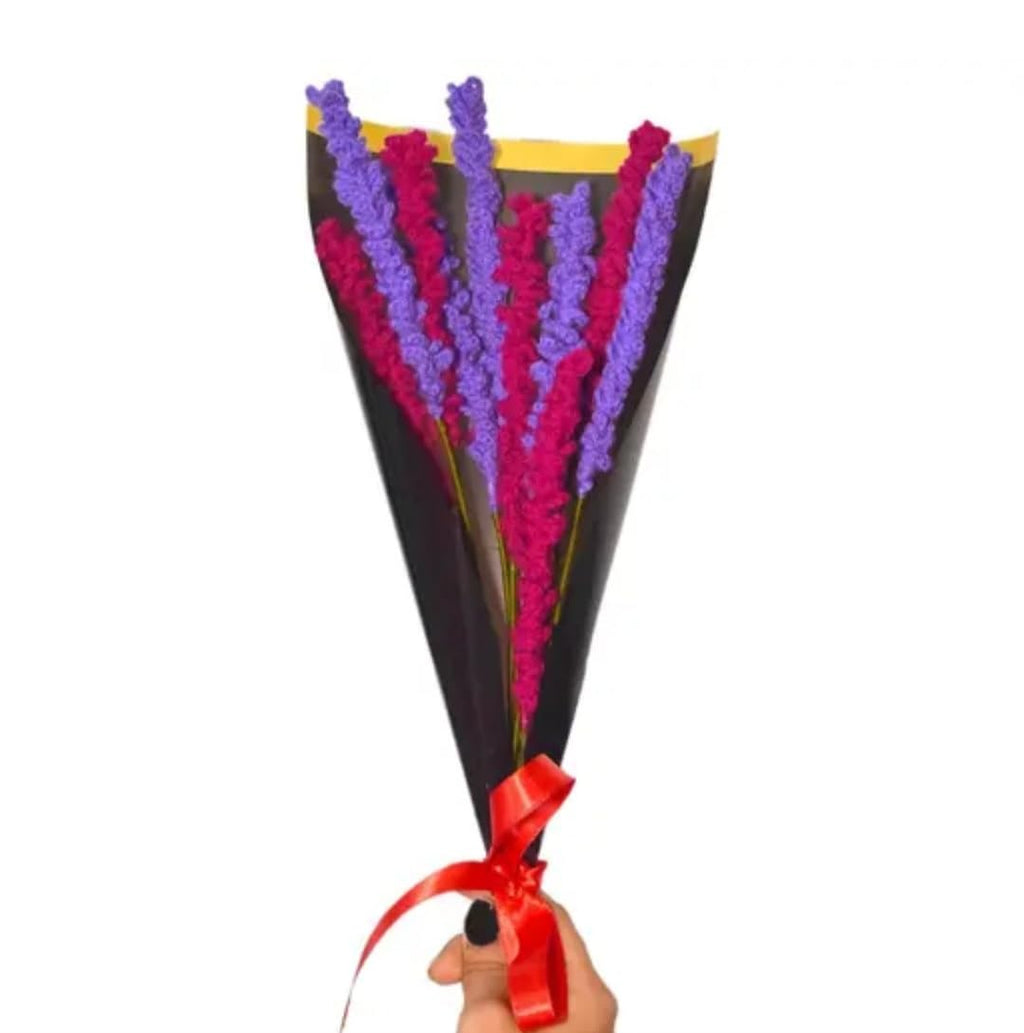 Crochet Lavender Bouquet, Purple and Red, Handmade Knit Flowers, Gift Wrapped with Ribbon