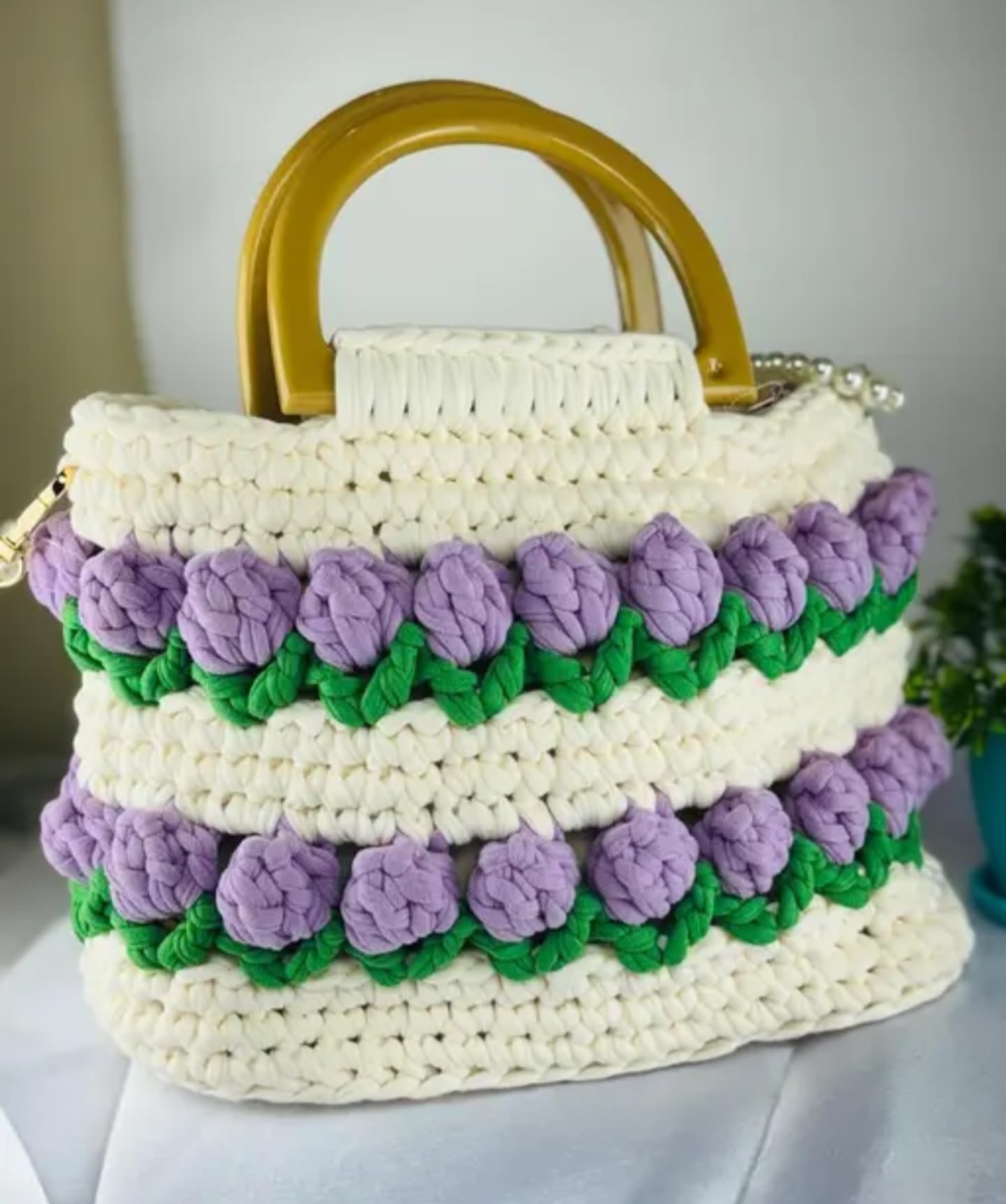 Handmade Crochet Handbag with Floral Design, White and Purple, Gold Handle, Pearl Strap
