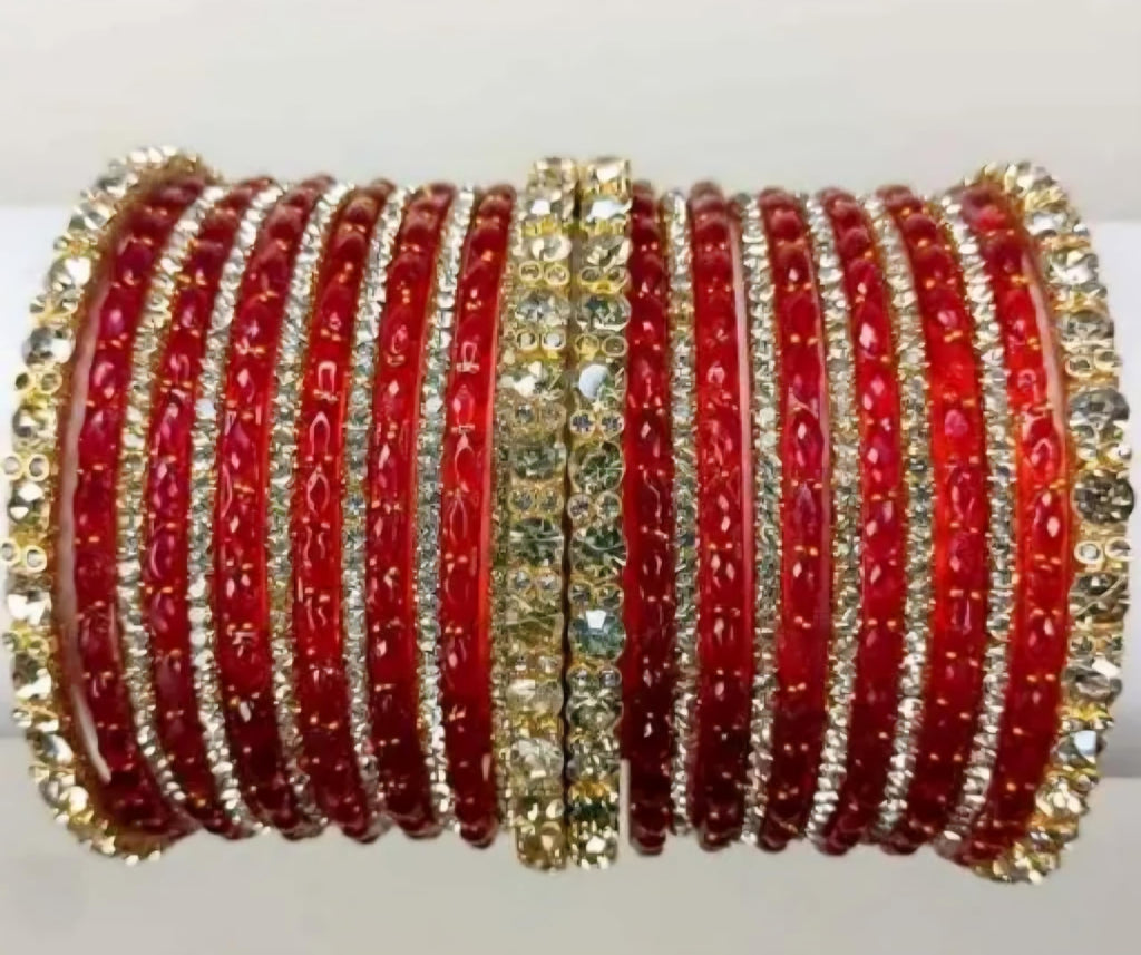 Red Bridal Bangles Set, Gold and Silver Stone Embellished, Traditional Indian Style