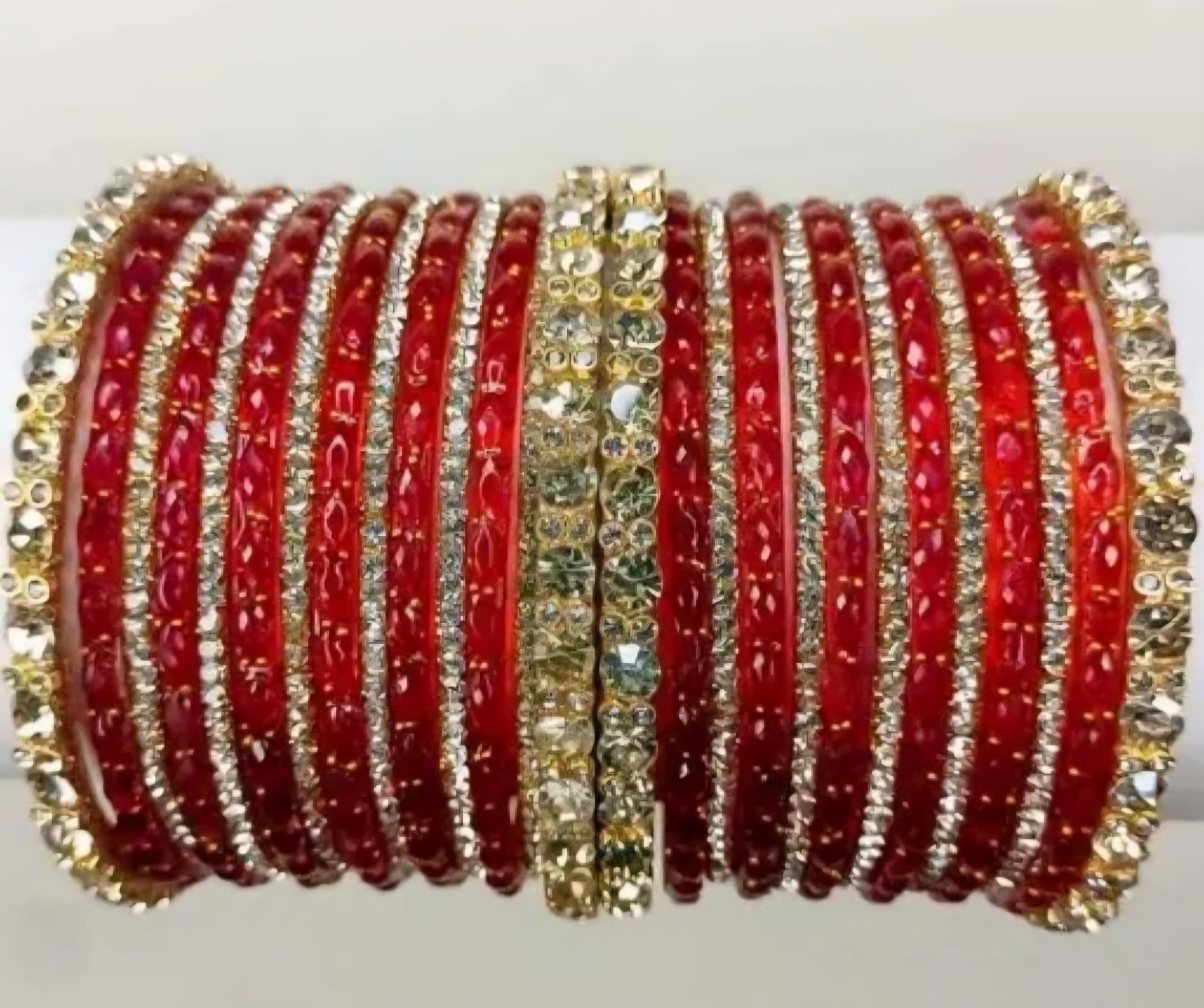 Red Bridal Bangles Set, Gold and Silver Stone Embellished, Traditional Indian Style