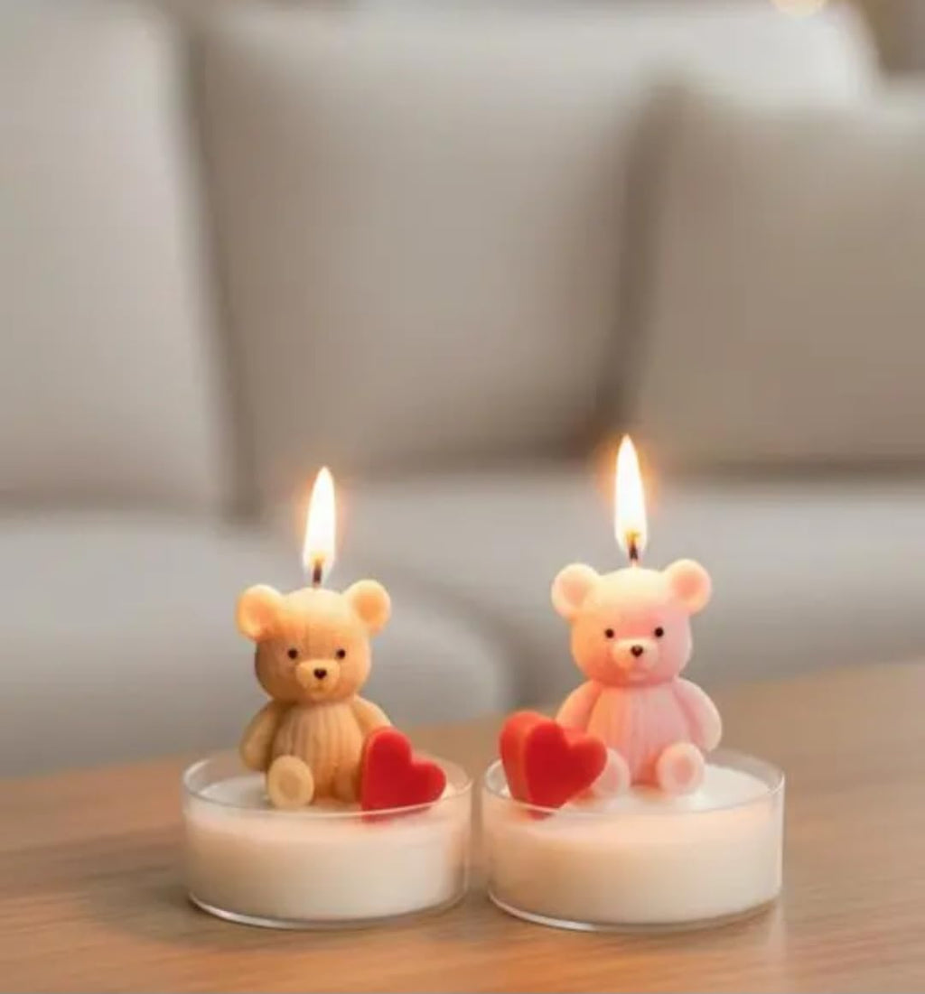 Teddy Bear Candles with Red Hearts, Set of 2, Pink and Beige, Decorative Tea Light Candles