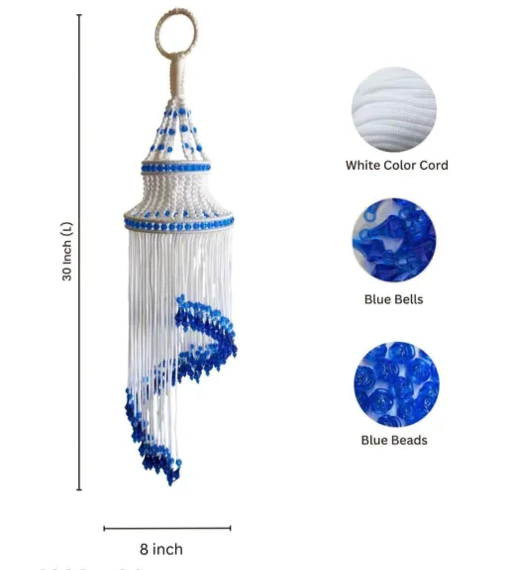 Handmade Macrame Wind Chime, White and Blue Beaded Hanging Decor, Boho Style