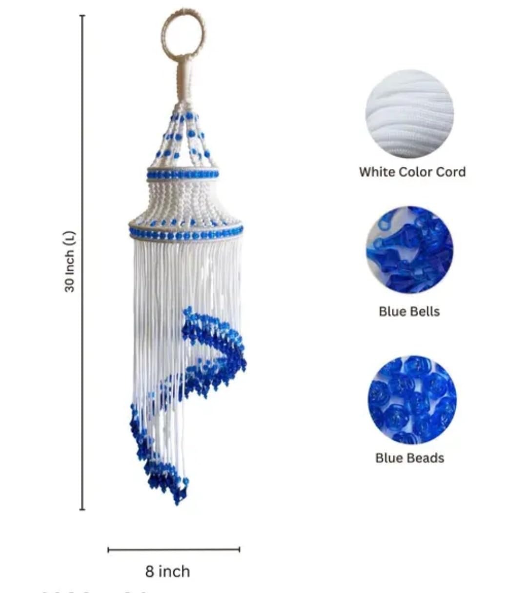 Handmade Macrame Wind Chime, White and Blue Beaded Hanging Decor, Boho Style