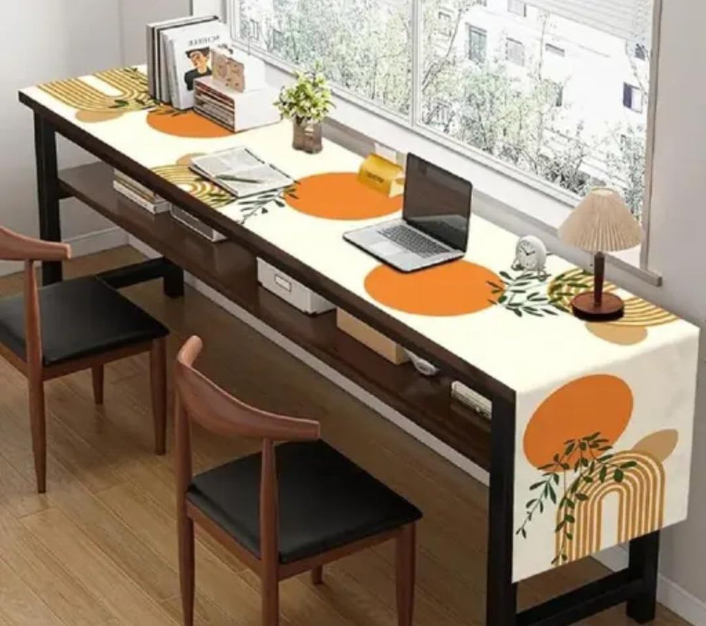 Table Runner, Modern Geometric Design, Orange and Beige Circles with Green Leaves, Contemporary Home Decor