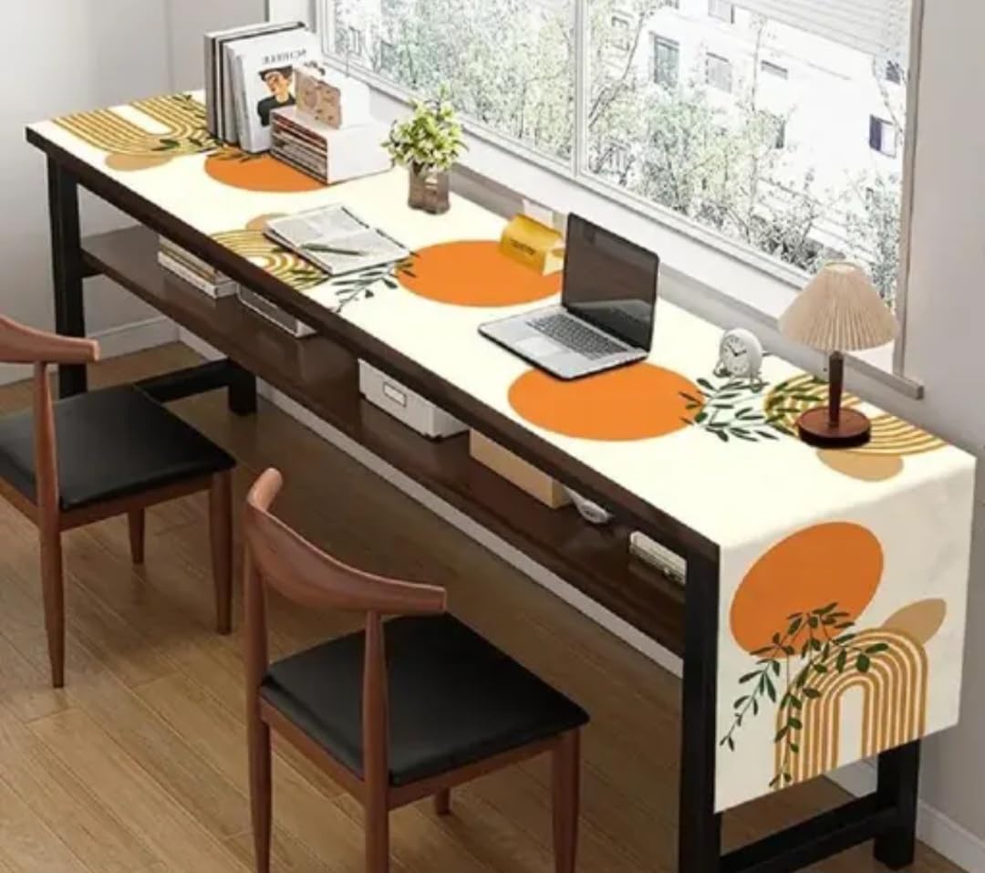 Table Runner, Modern Geometric Design, Orange and Beige Circles with Green Leaves, Contemporary Home Decor