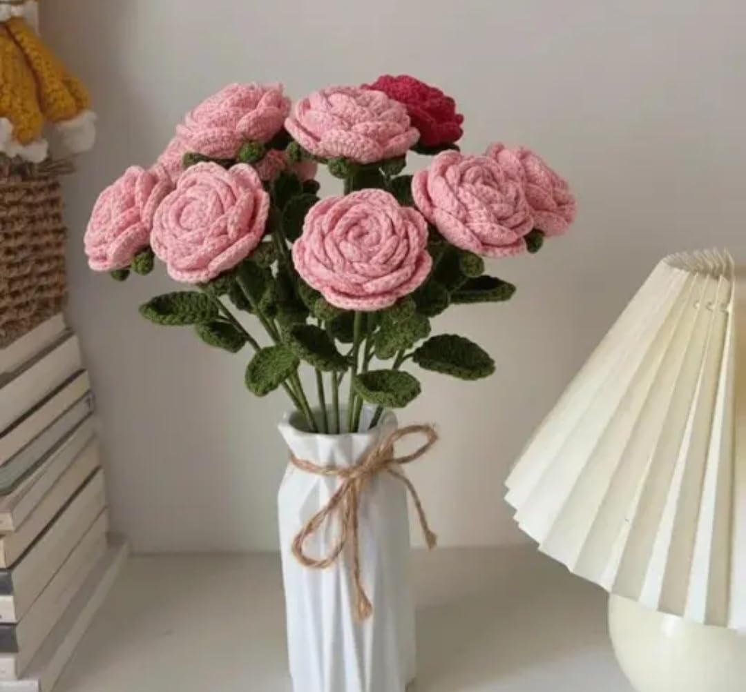 Handmade Crochet Rose Bouquet, Pink and Dark Red, Knitted Artificial Flowers, Home Decor Gift