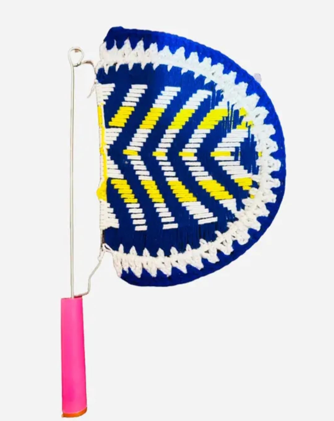 Handwoven Fan with Metal Handle, Blue, Yellow & White, Decorative African Style