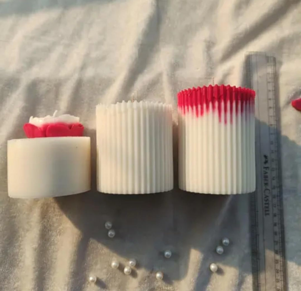 Decorative Wax Candle Set, Red and White, Heart Rose Design, Cupcake Style, Valentine Theme, Set of 3