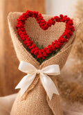 Handmade Crochet Red Rose Heart Bouquet, Burlap Wrap with White Ribbon Bow, Valentine's Day Gift