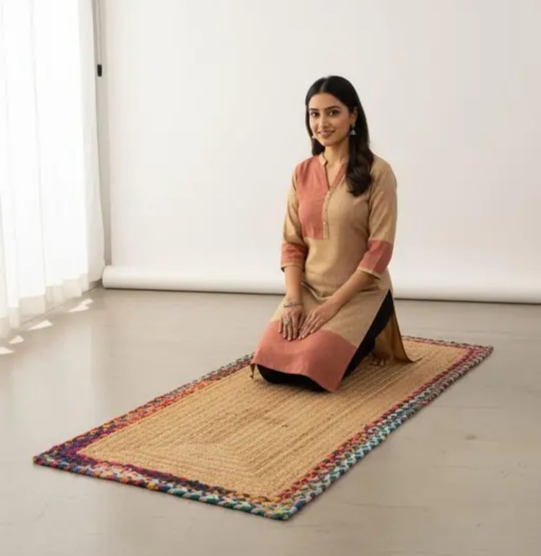 Handwoven Jute Runner Rug with Colorful Braided Border, Natural, Rectangular, Boho Style