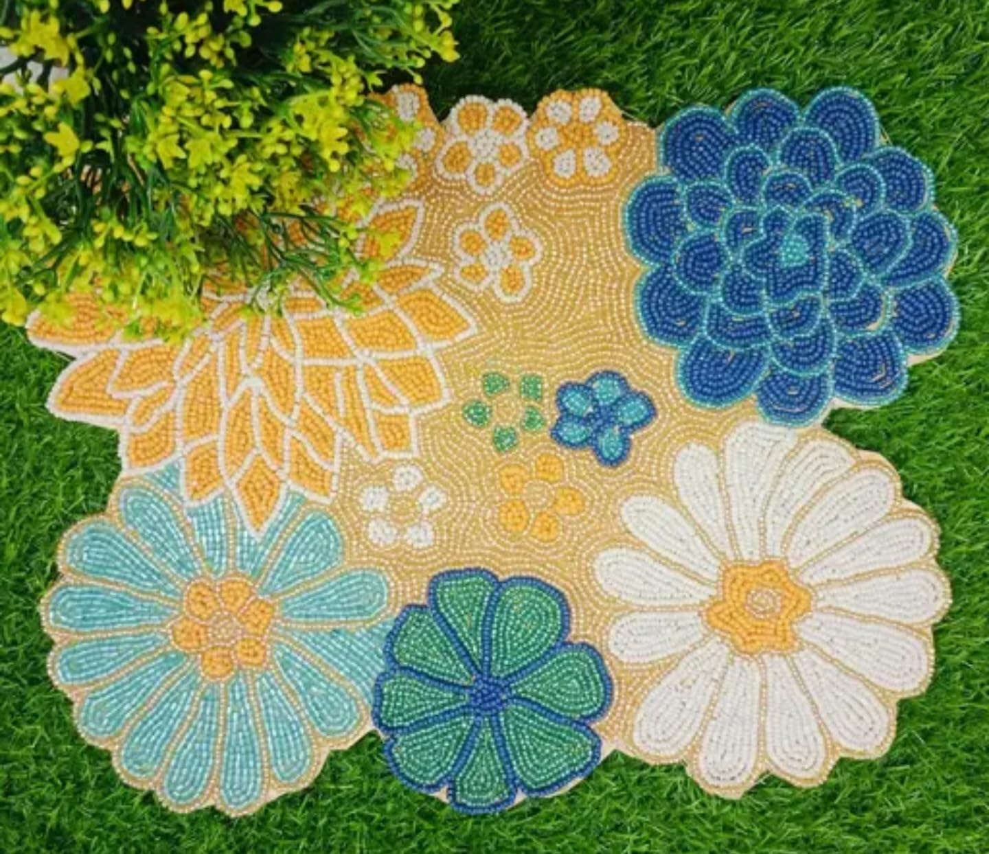 Beaded Floral Placemat, Blue Yellow White Flowers, Round Shape, Decorative Table Mat for Dining