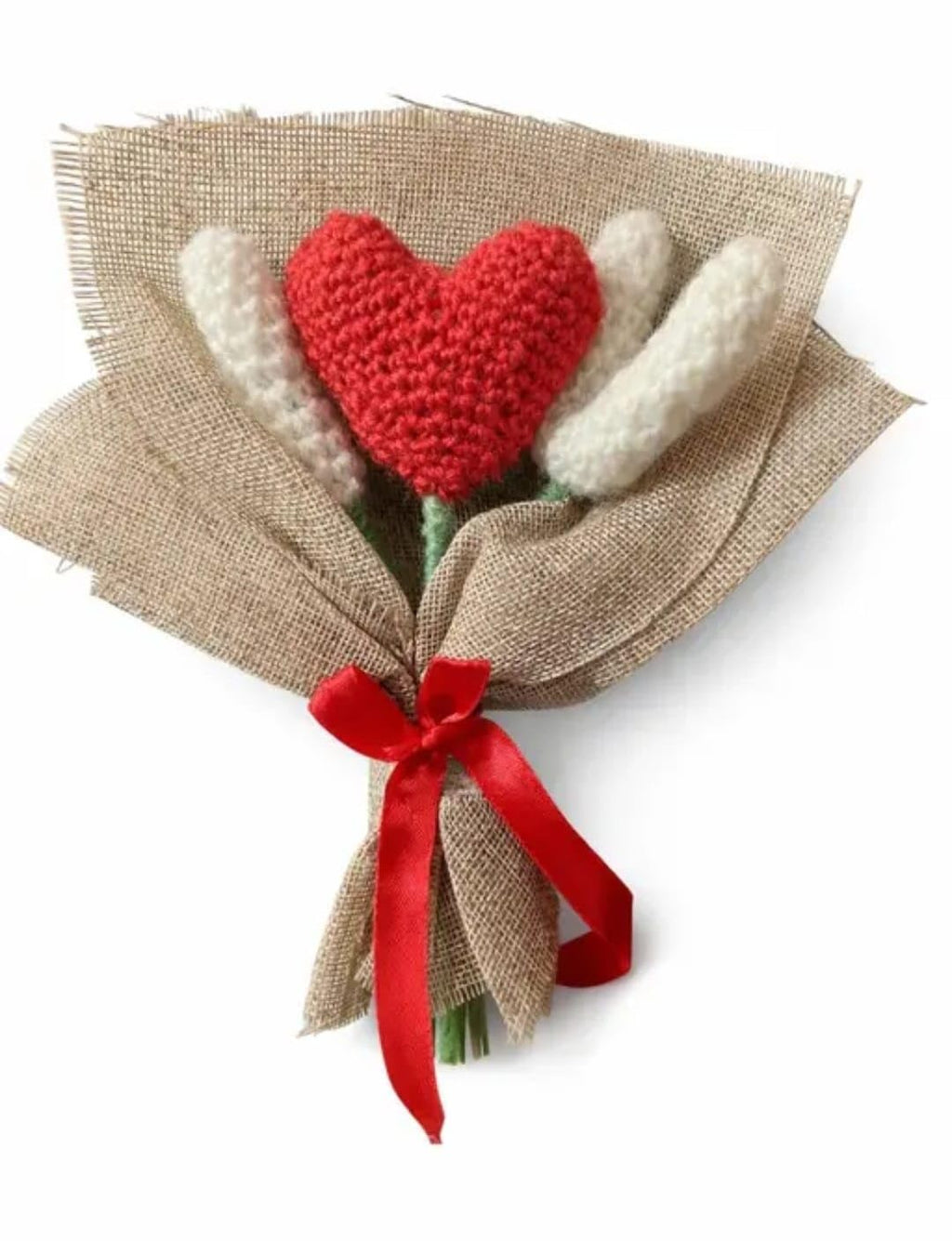 Handmade Crochet Love Bouquet, Red Heart with White Letters, Burlap Wrapped, Valentine's Day Gift
