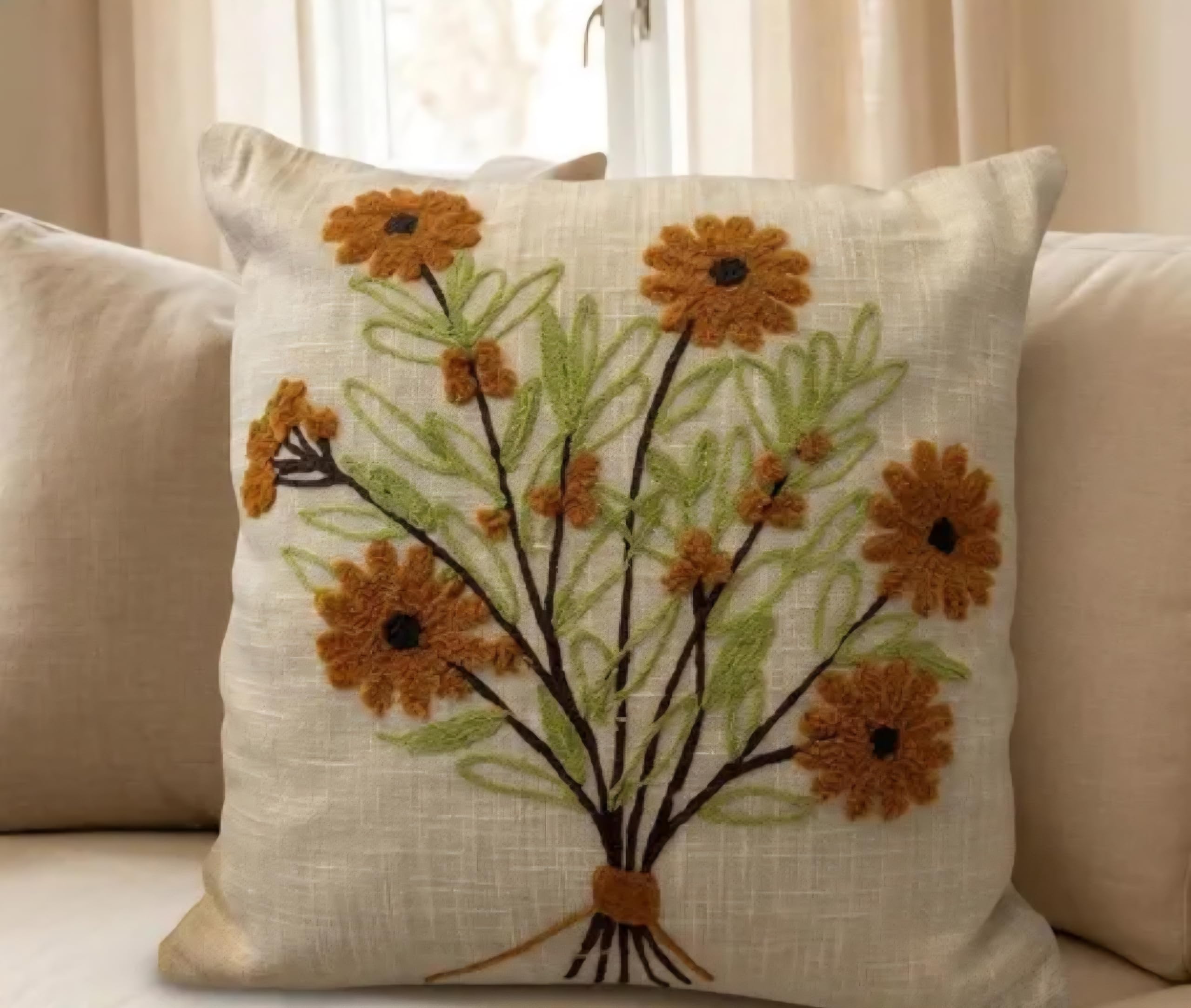 Handmade Floral Embroidered Throw Pillow Cover, Daisy Bouquet Design, Beige, Boho Living Room Decor