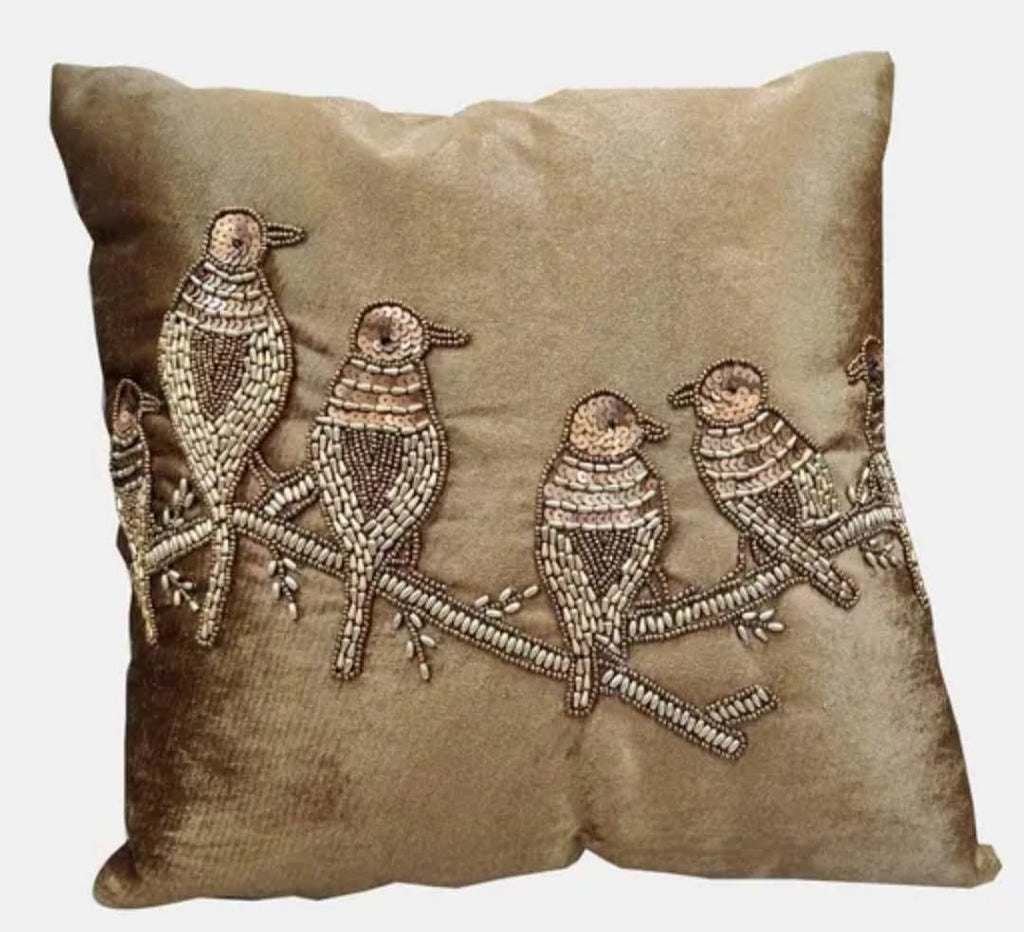 Velvet Throw Pillow Cover with Beaded Bird on Branch Embroidery, Gold, Decorative Cushion Cover