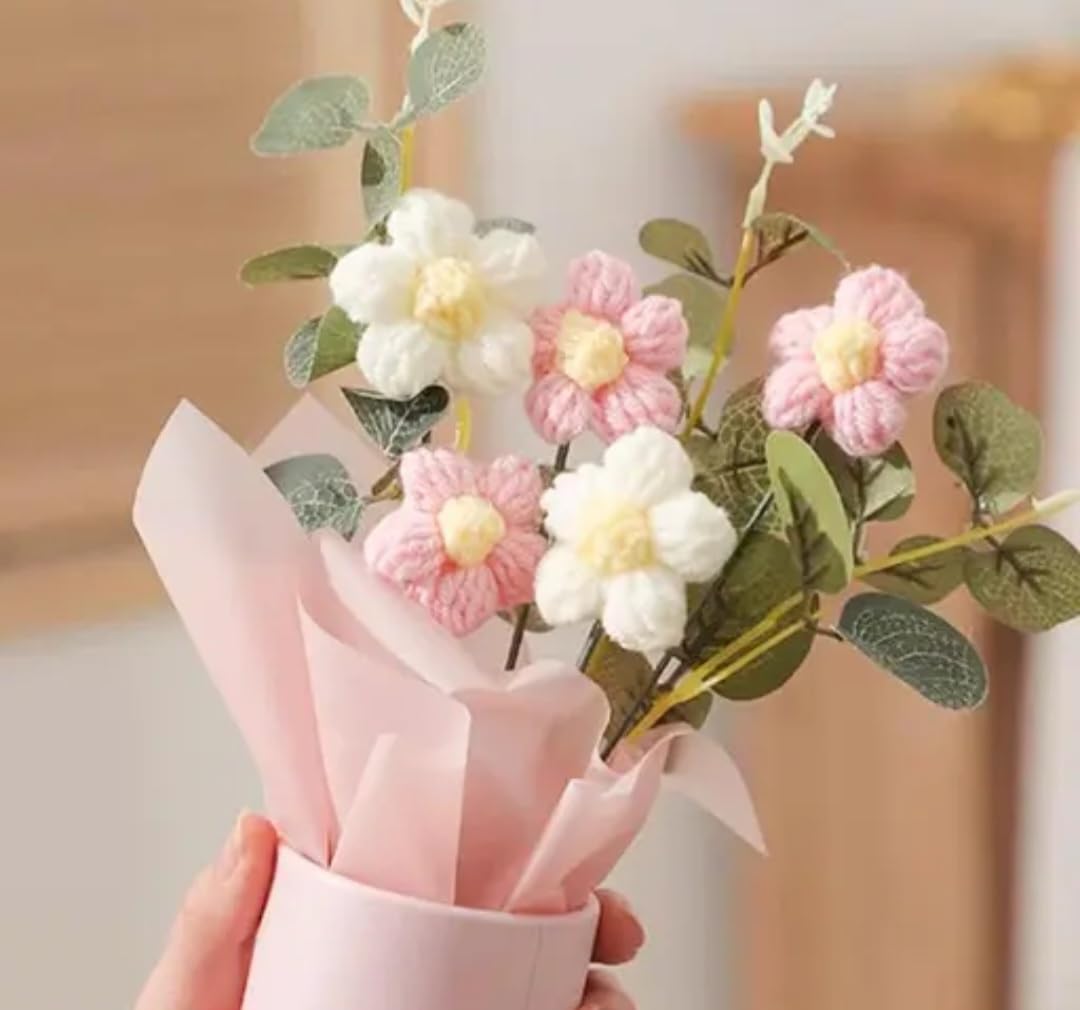 Artificial Flower Bouquet with Pink Vase, Handmade Crochet Roses and Daisies, Pink and White, Home Decor