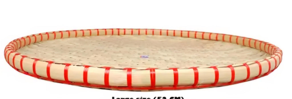Handwoven Bamboo Tray, Large Round, Natural with Red Trim, Flat Serving Platter