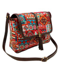 Bohemian Crossbody Bag, Geometric Pattern, Brown Leather Trim, Tassel Detail
