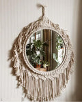 Macrame Round Wall Mirror with Fringe, Boho Hanging Decor, Natural Cotton Rope, Bohemian Style