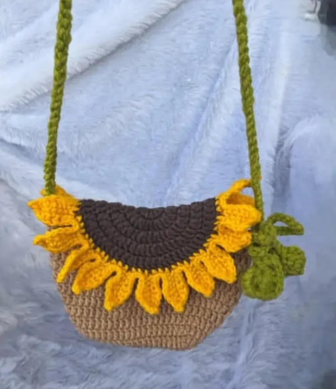 Handmade Crochet Sunflower Crossbody Bag, Yellow and Tan, Floral Boho Shoulder Purse with Green Strap