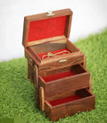 Vintage Wooden Jewelry Box with Red Velvet Lining, Multi-Tier Storage Organizer, Brown, Expandable Design, 3 Compartments
