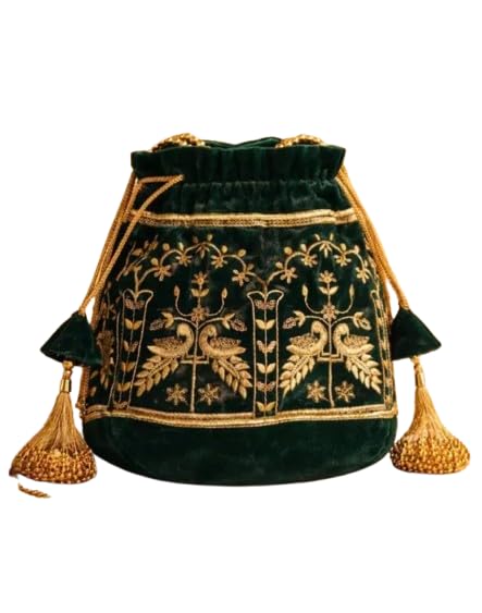 Velvet Potlie Bag, Emerald Green, Gold Zari Embroidery, Drawstring Clutch with Tassels, Bridal Wedding Purse