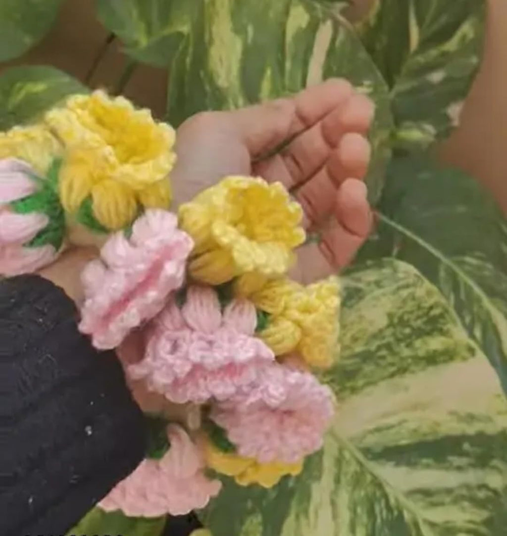 Handmade Crochet Floral Hair Scrunchie, Yellow, Pink, and Green, Flower Design