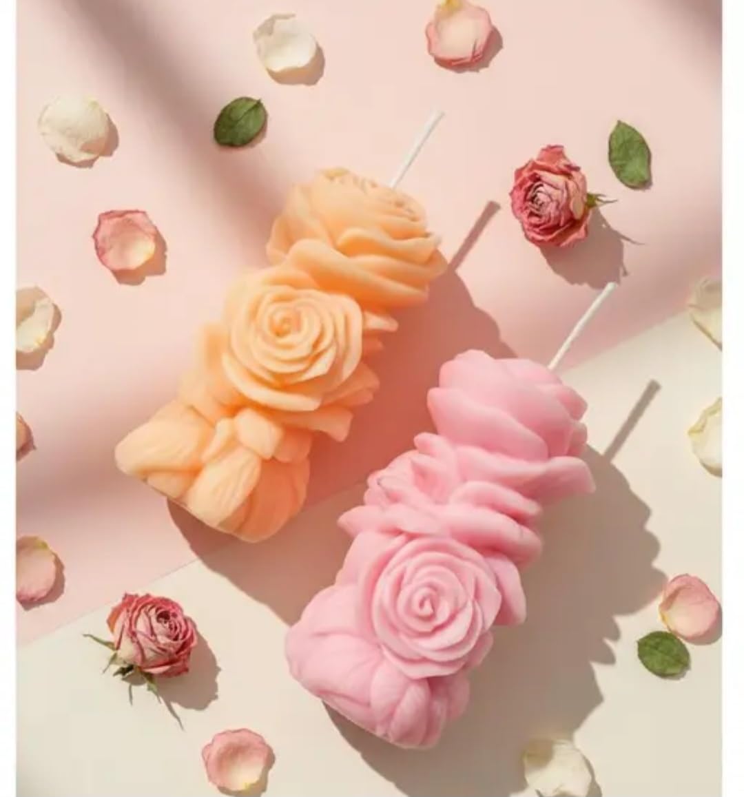 Decorative Rose Candles, Stacked Flower Design, Pink and Peach, Set of 2