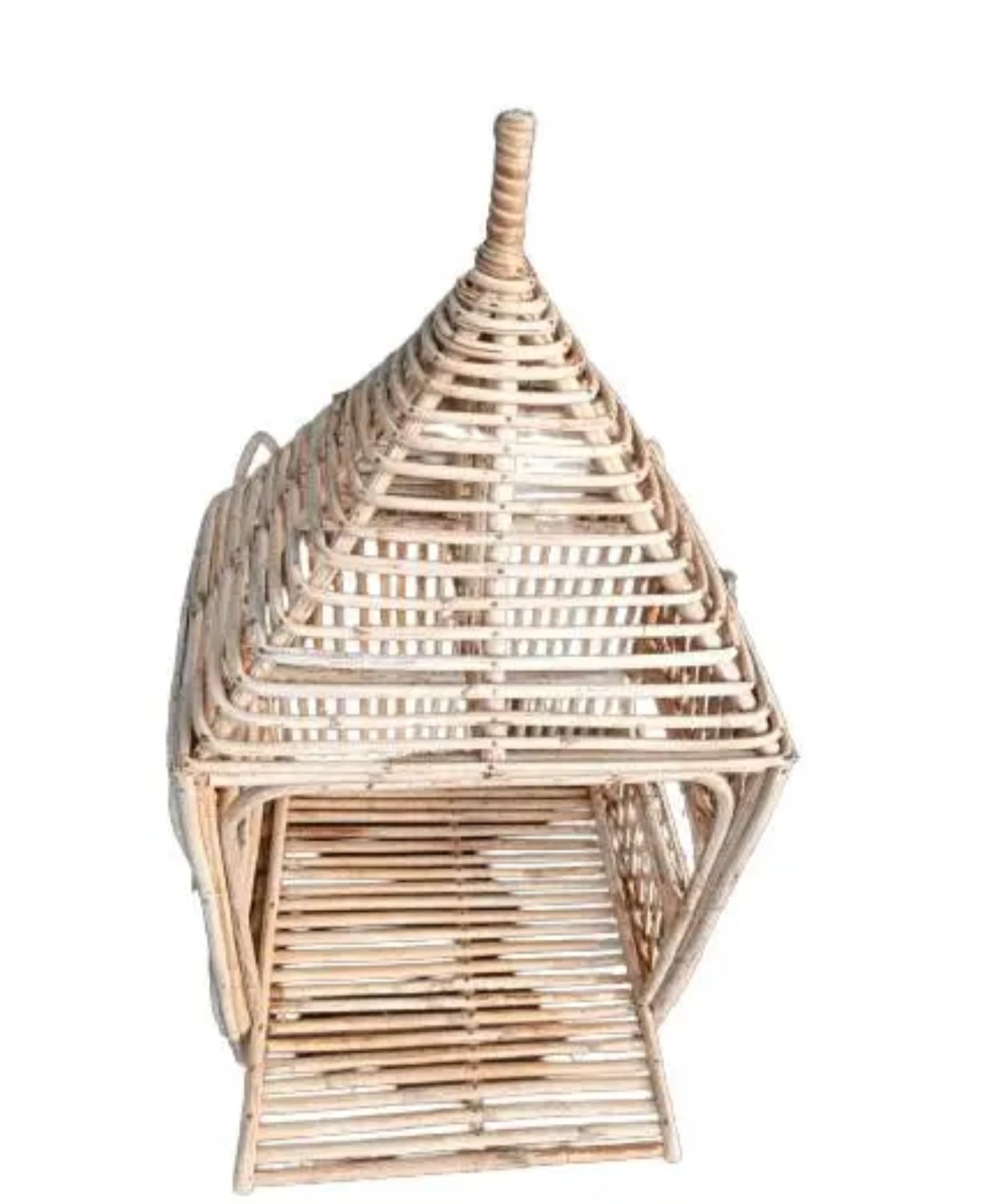 Handcrafted Rattan Lantern Cage, Natural Bamboo, Decorative Spiral Top, Rustic Boho Style, Indoor Display