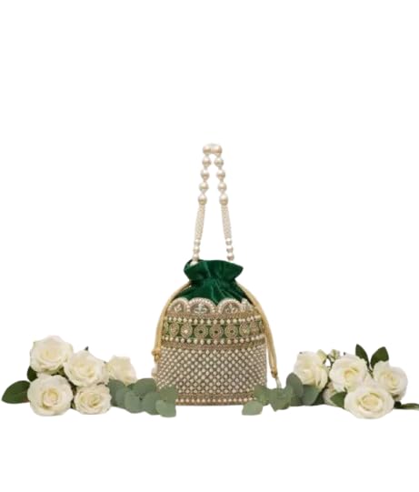 Embroidered Potlie Bag, Green Velvet with Pearl Beaded Handle, Bridal Clutch Purse