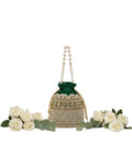 Embroidered Potlie Bag, Green Velvet with Pearl Beaded Handle, Bridal Clutch Purse