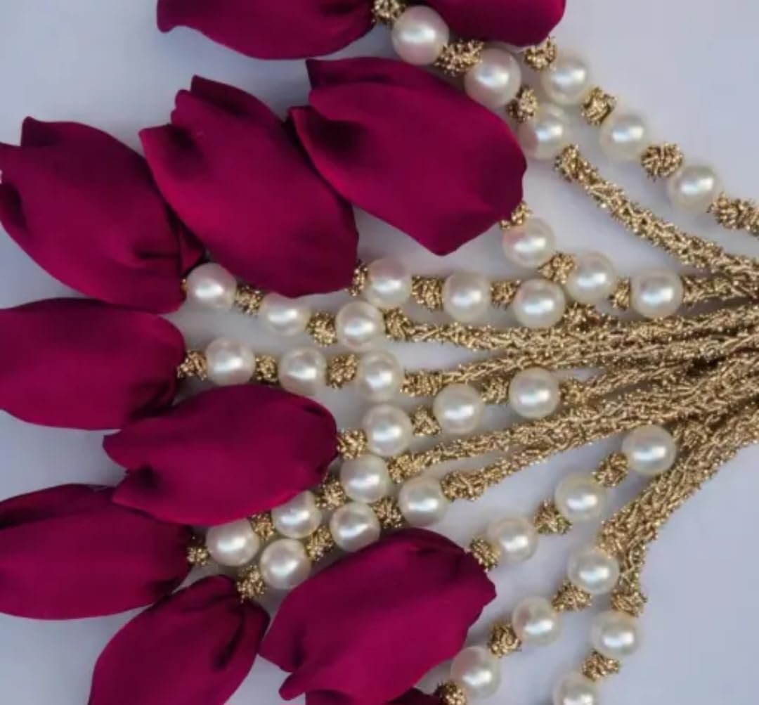 Bridal Braid Hair Chain, Gold Tone with Red Tassels and Pearl Beads, Traditional Indian Style, paranda