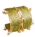 Green Glass Bangles with Gold-Tone Ghungroo Charms, Traditional Indian Style, Set of Bangles