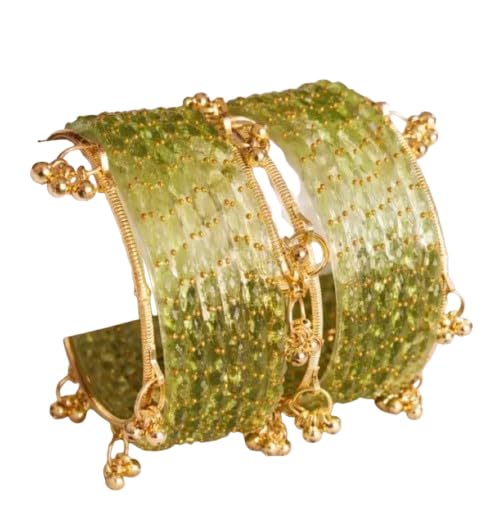 Green Glass Bangles with Gold-Tone Ghungroo Charms, Traditional Indian Style, Set of Bangles