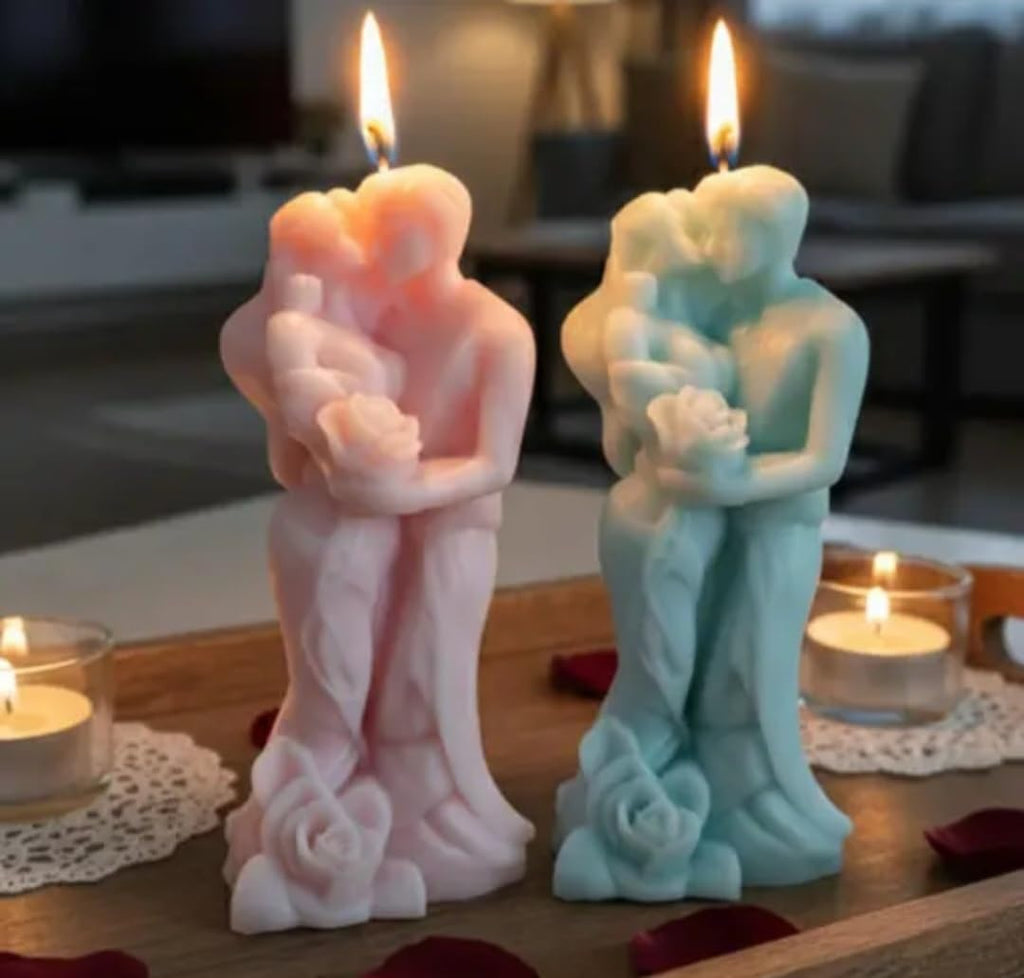 Decorative Couple Hug Candles, Pink and Blue, Romantic Figure Candles, Set of 2