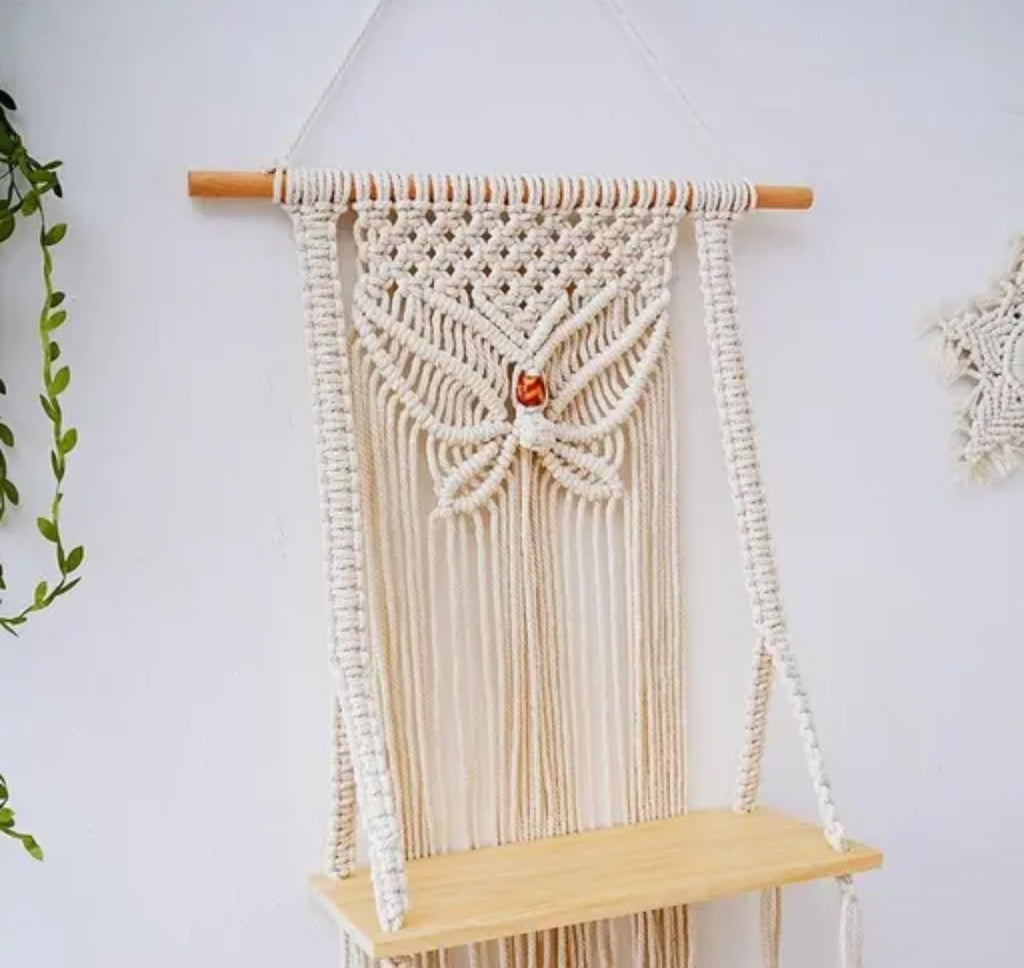 Macrame Wall Hanging Shelf with Decorative Pattern, Wooden Floating Shelf, Handwoven Cotton Rope, Cream White