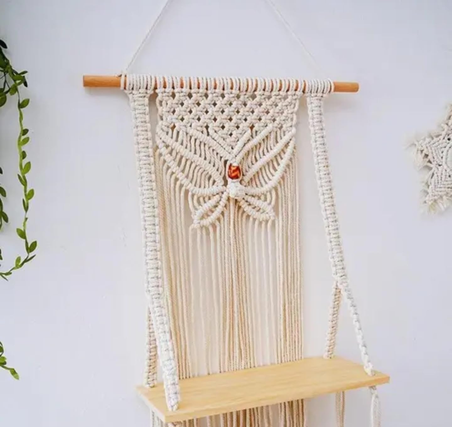 Macrame Wall Hanging Shelf with Decorative Pattern, Wooden Floating Shelf, Handwoven Cotton Rope, Cream White