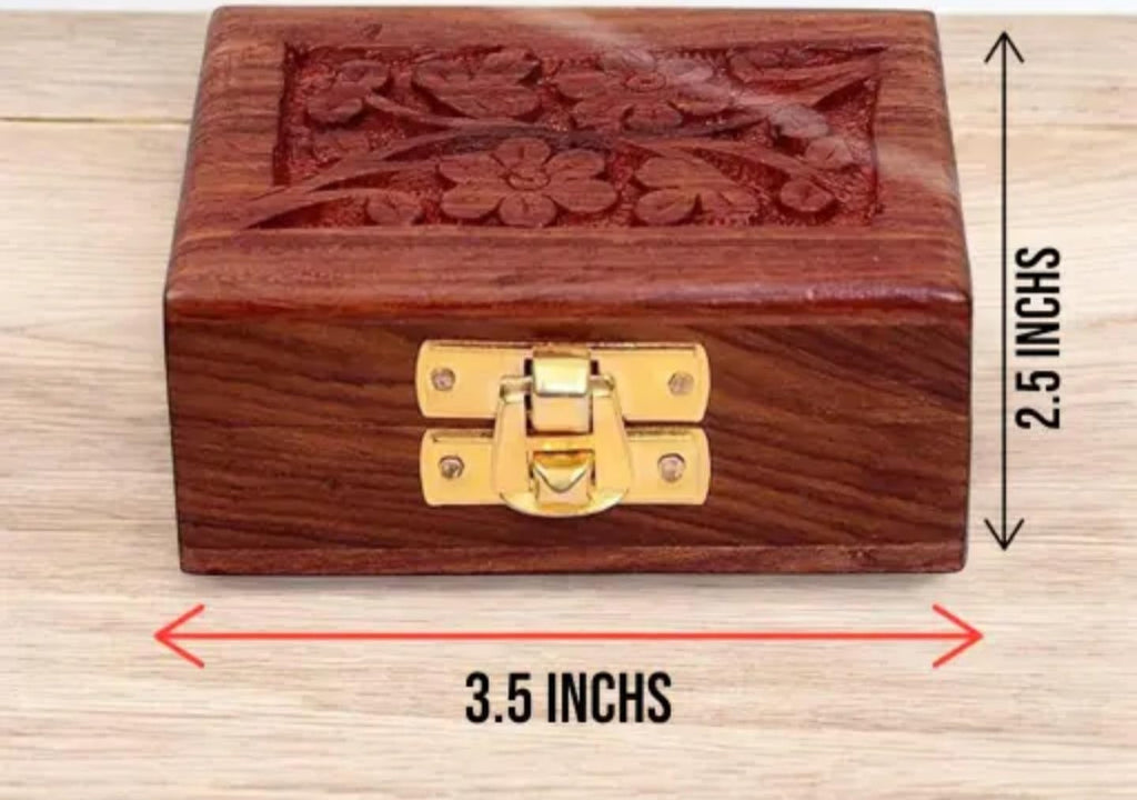 Handcrafted Wooden Jewelry Box with Red Velvet Interior, Small Decorative Storage Chest, Brown, Carved Floral Design, Gold Metal Clasp