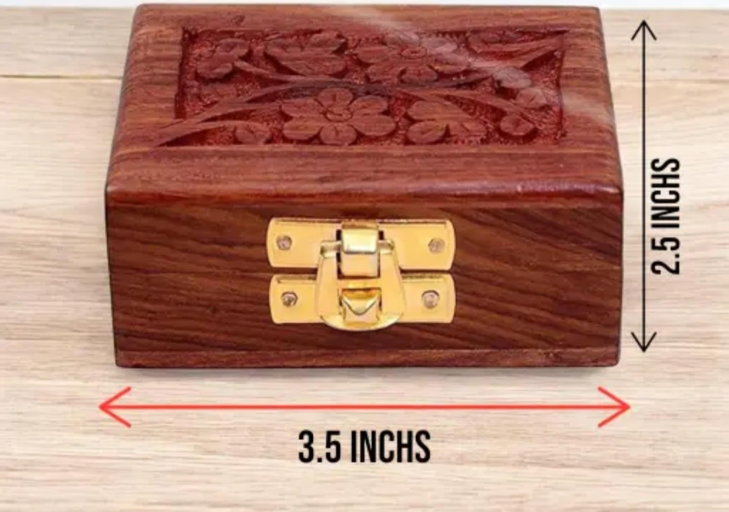 Handcrafted Wooden Jewelry Box with Red Velvet Interior, Small Decorative Storage Chest, Brown, Carved Floral Design, Gold Metal Clasp