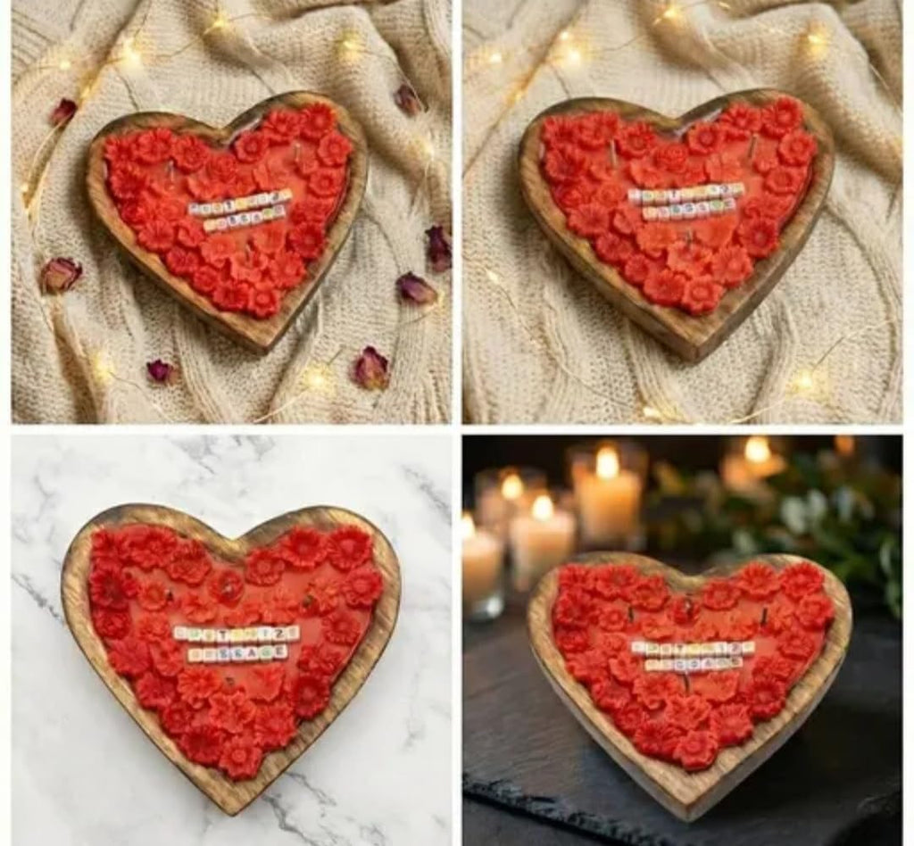 Heart-Shaped Wooden Tray Candle with Red Floral Wax, Customizable Message, Valentine's Gift