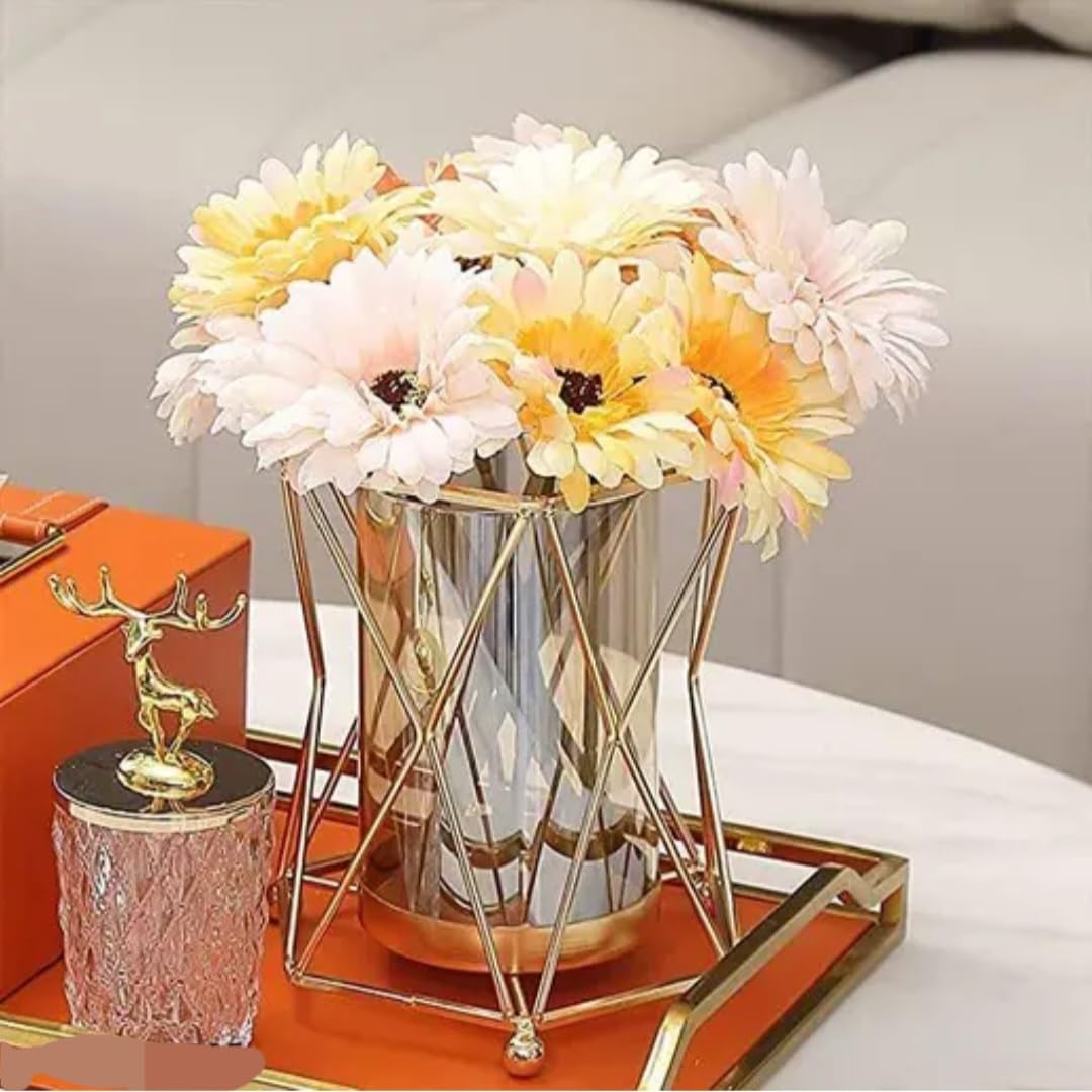 Geometric Gold Metal Candle Holder with Glass Hurricane, Pillar Candle Stand, Home Decor