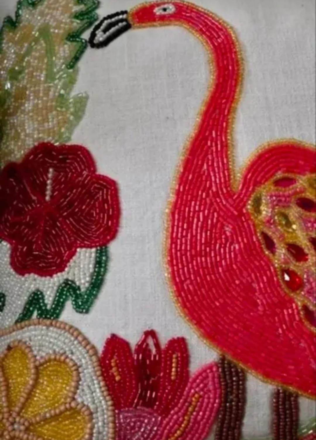 Beaded Flamingo Throw Pillow Cover, White, Floral Bird Design, Decorative Cushion Cover