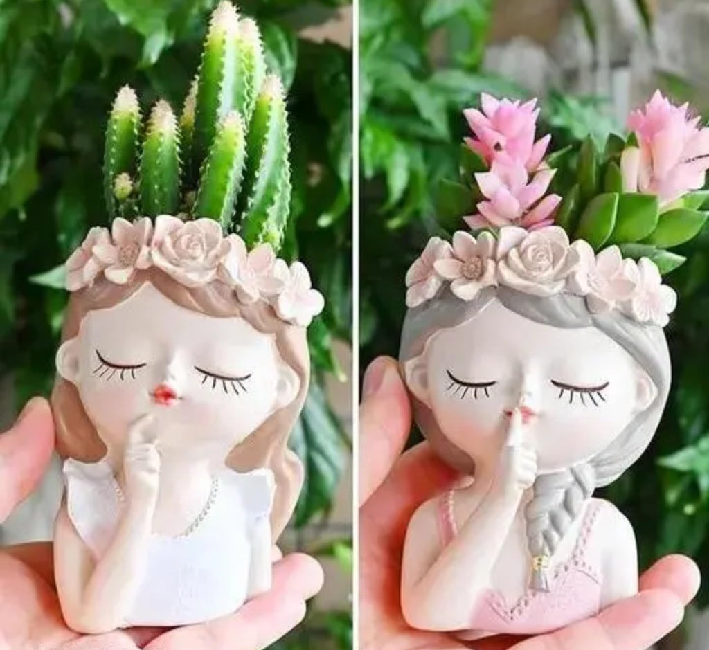 Decorative Succulent Planter Pots, White Ceramic Face Design with Floral Crown, Indoor Garden Containers for Small Plants, Set of 3