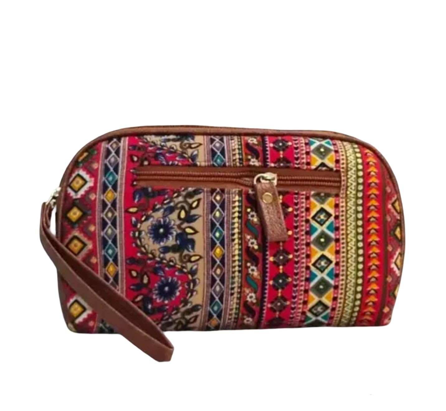 Boho Tribal Print Cosmetic Bag with Brown Leather Trim, Multi-Coloured Aztec Pattern, Travel Makeup Pouch