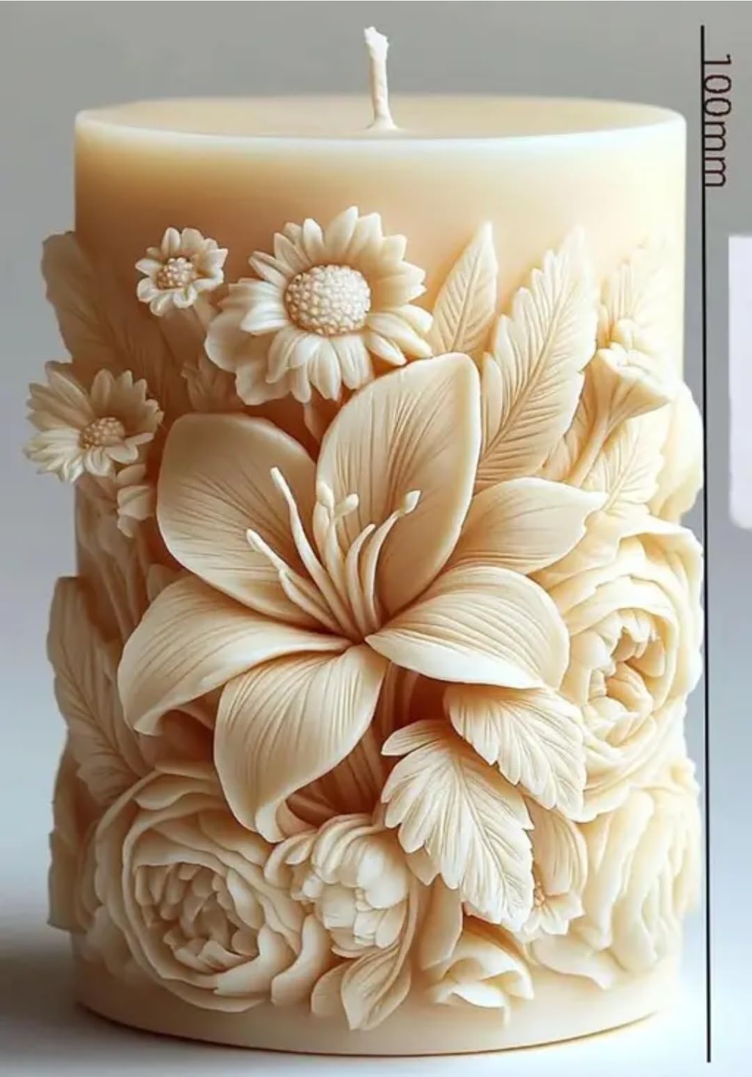 Decorative Pillar Candle with 3D Floral Design, Cream, Lily and Rose Embellishments, Home Decor