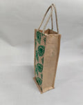 Jute Tote bottle Bag with Green Leaf Print, Natural Beige, Reusable Carry Bag with Rope Handles
