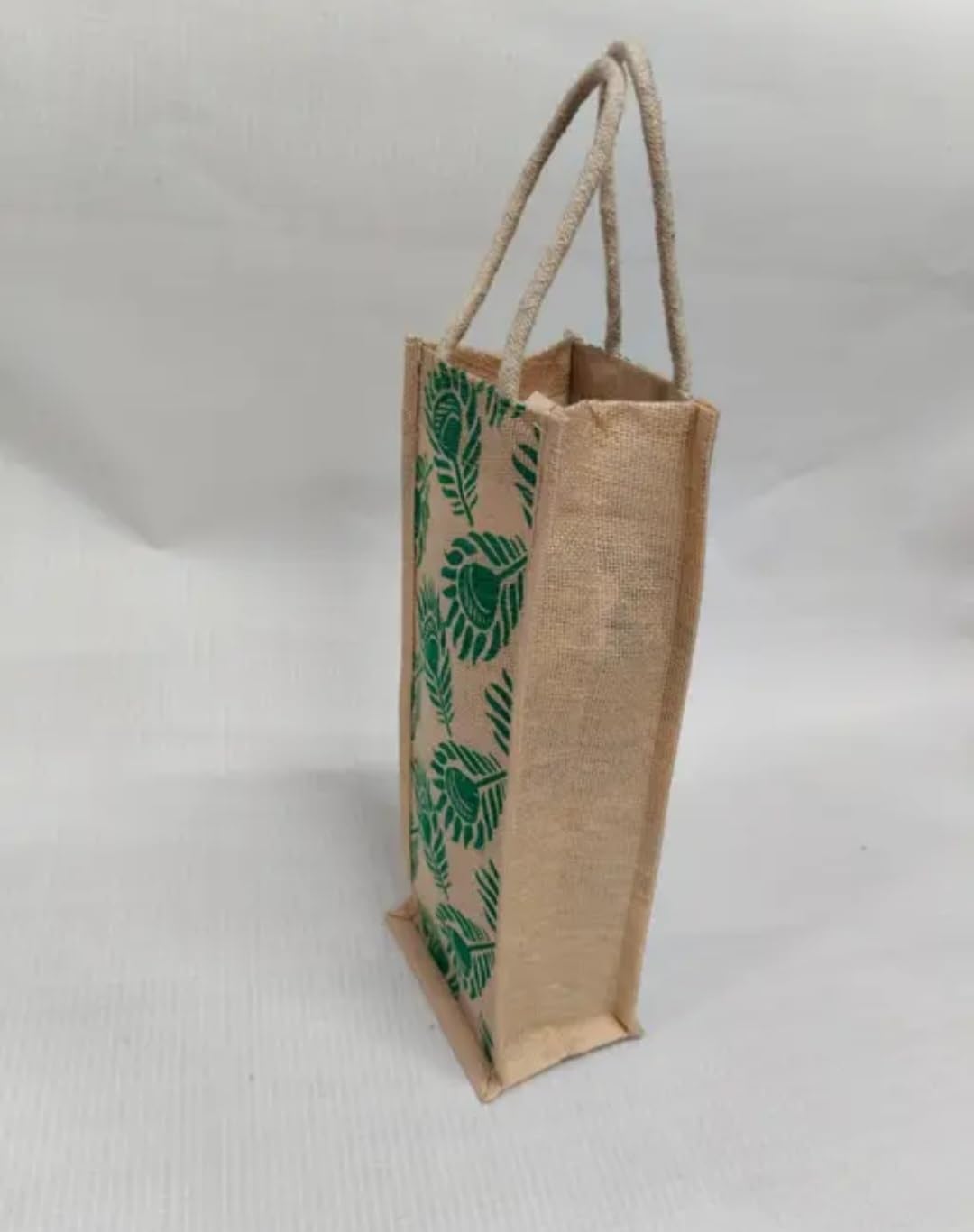 Jute Tote bottle Bag with Green Leaf Print, Natural Beige, Reusable Carry Bag with Rope Handles