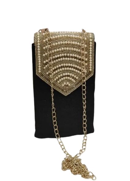 Black Clutch Bag with Pearl Beaded Flap and Gold Chain Strap, Evening Crossbody Purse