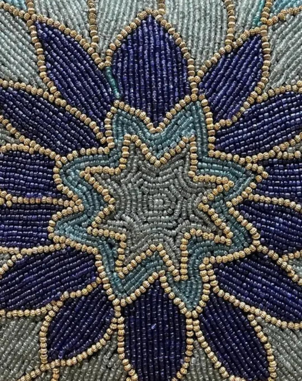 Beaded Handcrafted Throw Pillow Cover, Blue Floral Mandala Design, Decorative Cushion Cover for Sofa