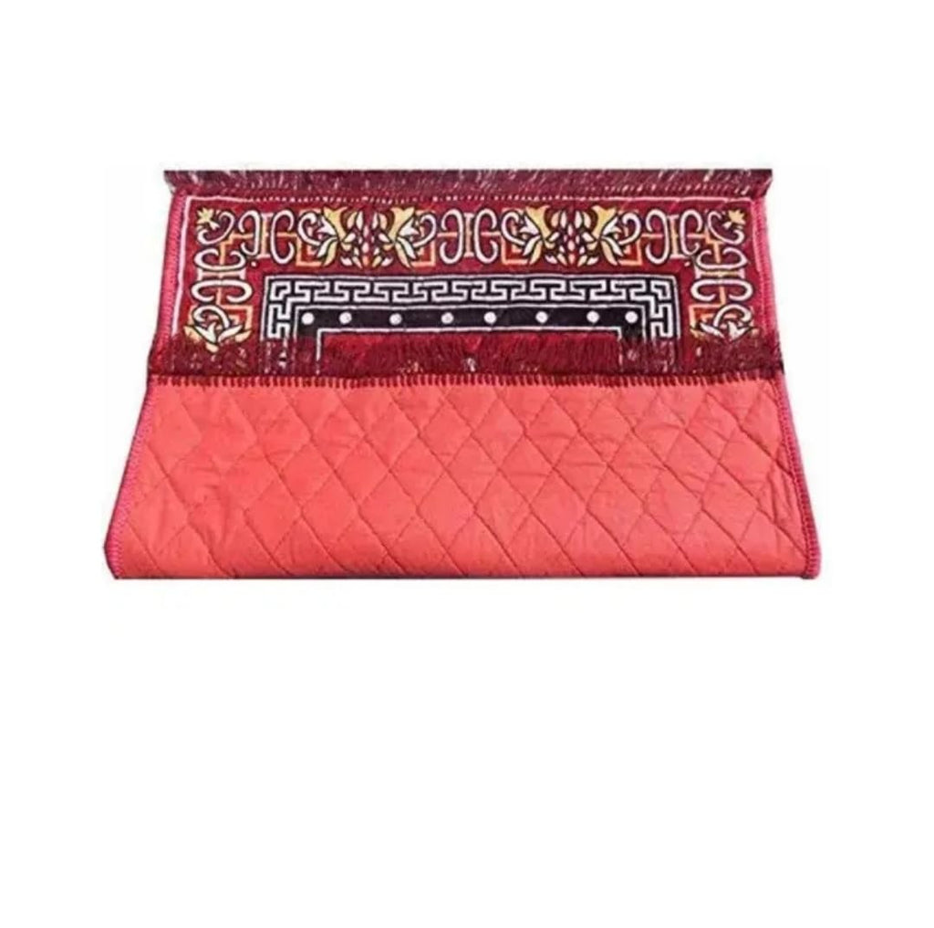 Red Floral Prayer Mat with Fringe Border, Traditional Decorative Design, Square Rug